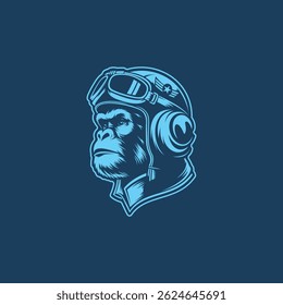 Monkey Pilot Head Illustration with Aviator Helmet and Goggles