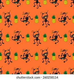 Monkey and pineapple seamless pattern on orange background