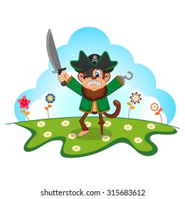 Monkey Pirate cartoon in a garden