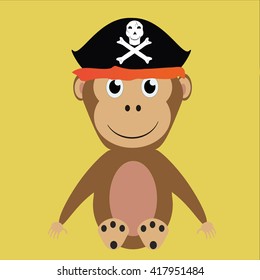 monkey in a pirate hat on a yellow background - EPS VECTOR format. Illustration. Cute monkey icon, logo, symbol.