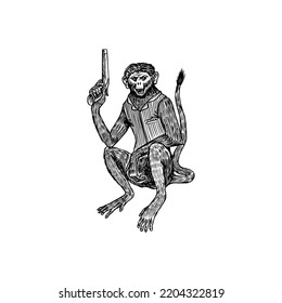 Monkey pirate with a revolver. Animal character. Engraved hand drawn, vintage sketch for tattoo or print on t-shirt.