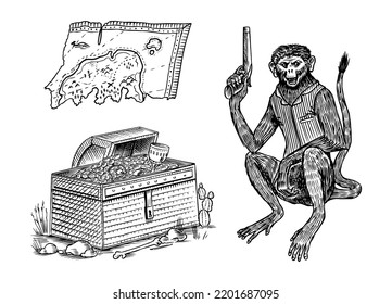 Monkey pirate with a revolver and a chest of gold and a piece of a nautical chart. Engraved hand drawn, vintage sketch for tattoo or print on t-shirt.