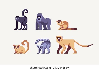 Monkey pixel art set. Primate, apes collection. 8 bit. Game development, mobile app. Isolated vector illustration. Cross stitch pattern.