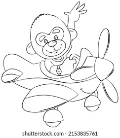 Monkey in the plane. Element for coloring page. Cartoon style.