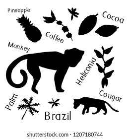 Monkey and plants Silhouette.
Pineapple, Cocoa, Coffee, Heliconia shadow. Wildlife Vector illustration