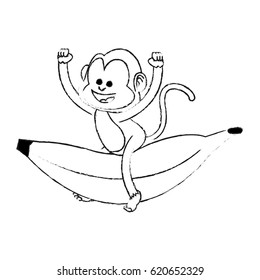 monkey playing with big banana cartoon icon image 