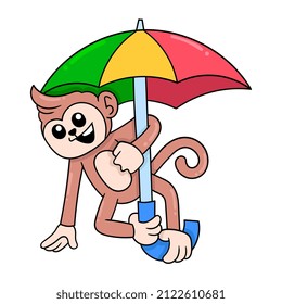 monkey playing with colorful umbrella, vector illustration art. doodle icon image kawaii.
