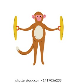 Monkey Playing Cymbals, Cute Cartoon Animal Musician Character Playing Musical Instrument Vector Illustration