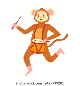 Monkey playing drums. Musical band monkey drummer, animals concert vector illustration