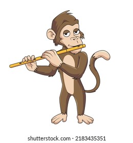 Monkey Playing Flute Cartoon Vector Illustration