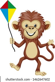 Monkey playing with flying kite, illustration, vector on white background.