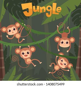 Monkey playing. Little wild animals sitting and eating banana on jungle tree vector chimpanzee cartoon background. Illustration of cartoon wildlife chimpanzee swinging and hanging