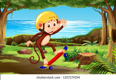 A monkey playing skateboard th nature illustration