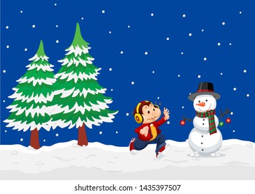 Monkey playing with snow illustration