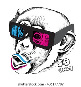 Monkey portrait in a 3D glasses. Vector illustration.