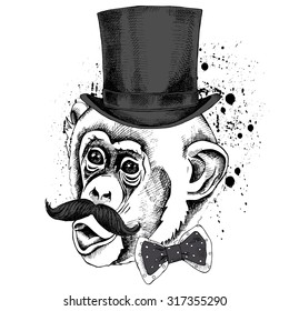 Monkey portrait with mustache in top hat and tie. Vector illustration.