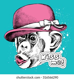 Monkey portrait in pink Elegant women's hat on a blue-green background. Vector illustration.