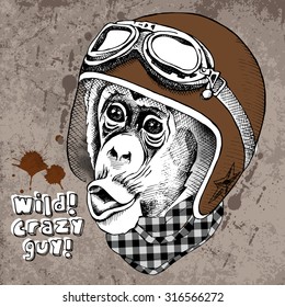 Monkey portrait in a retro motorcyclist helmet with checkered cravat. Vector illustration.