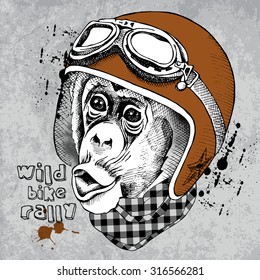 Monkey portrait in a retro motorcyclist helmet with checkered cravat. Vector illustration.