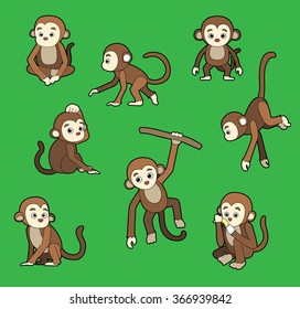 Monkey Poses Stroke Cartoon Vector Illustration