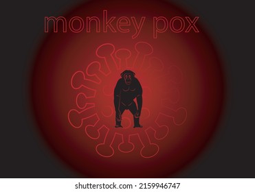 
Monkey pox. Black silhouette of a monkey with red stroke over virus particle and disease title over red black gradient