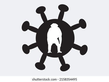 
Monkey pox. Black silhouette of a virus and white silhouette of a monkey inside it