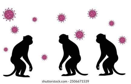 Monkey Pox Outbreak Concept.  Three monkey silhouette standing on virus