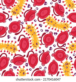 Monkey pox. Vector illustration epidemic virus. Microbes and molecules close up. Pattern. Light background, wallpaper, cartoon style