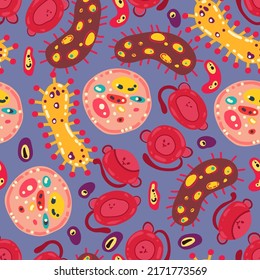 Monkey pox. Vector illustration epidemic virus. Microbes and molecules close up. Pattern. Dark background, wallpaper, cartoon style