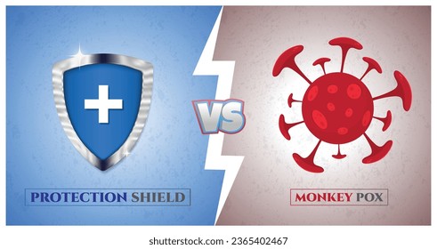 Virus de la viruela de los monos frente a escudo de protección médica, batalla de médicos contra infección por brotes de la enfermedad de la viruela de los monos.