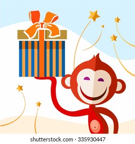 Monkey with a present, color picture. Laughing, the red monkey holds in his hand a box with a Christmas gift. Color flat vector illustration.  