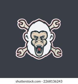 monkey primate roar wildlife forest animal with automotive wrench logo design vector