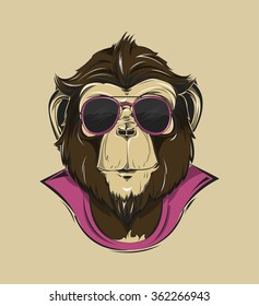 Monkey print for t-shirt. HIPSTER print. Monkey modern street style attributes. Vector art. Monkey head for poster.