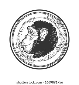 Monkey Profile Coin sketch engraving vector illustration. T-shirt apparel print design. Scratch board imitation. Black and white hand drawn image.