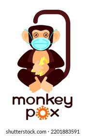 Monkey in protective mask with bananas in his paws. Tytle monkey pox, made by hand. The virus symbol. Chimpanzee in flat geometric style. Simple vector illustration isolated on white background