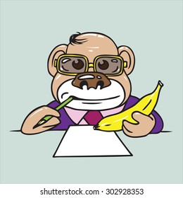 the monkey is a psychiatrist with a banana in his hand carefully listens to your Association