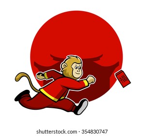 Monkey Pursue Lucky Red Envelope. Chinese text on envelope is "Fu", that's mean "Good Luck". 