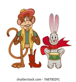 Monkey and rabbit. Children's toys. Hand drawn vector illustration isolated on white background.