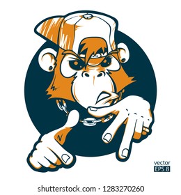 Monkey rapper. Monkey DJ. Hand drawn lineart vector illustration. Can be used for creating logo, posters, flyers, emblem, prints, web