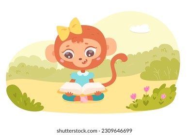 Monkey reading book outdoor vector illustration. Cartoon cute baby animal holding childish book with pictures, school textbook to study and read, funny scene with happy learning chimpanzee in dress.