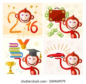 Monkey, red, wishes for the New year, pictures. Symbols with red monkey and new year wishes. Colored, vector illustration. 