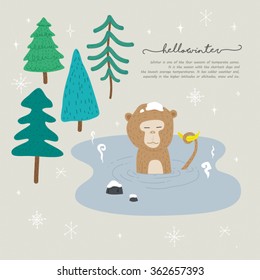 Monkey relaxing in hot spring. Vector flat illustration.