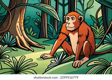 a monkey was relaxing in the middle of the forest.