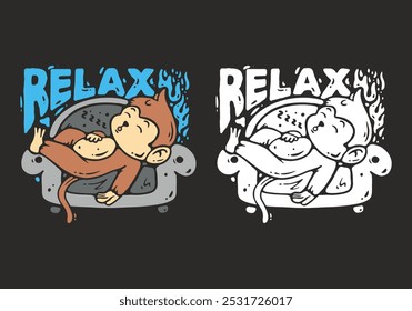 Monkey relaxing on the sofa character illustration design in dark background
