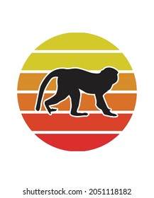 Monkey Retro Sunset Design Vorlage. Vektordesign-Vorlage für Logo, Badges, T-Shirt, POD und Buchumschlag. Einziger weißer Hintergrund.