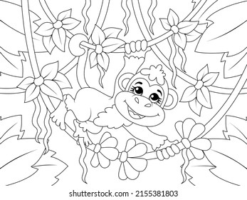 The monkey rides on liana. Wild animal in wild nature. Vector, page for printable children coloring book.