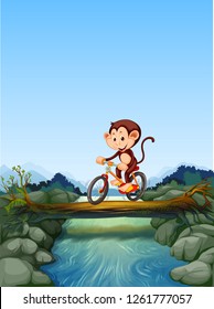 Monkey riding bicycle crossing river illustration