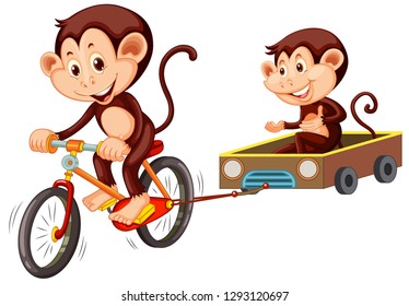 Monkey riding bicycle on white background illustration