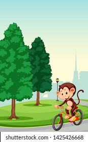 Monkey riding bicycle in the park illustration