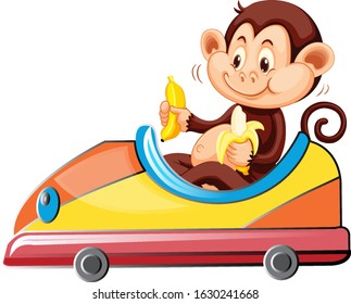 Monkey riding and eating banana on toy car illustration